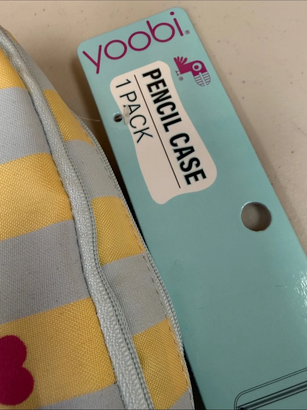 Yoobi Yellow, Light Blue & Pink Heart Striped Pencil Case multiple pockets uses